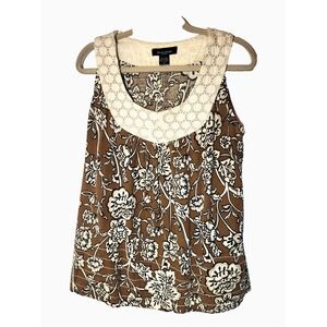 Alexandra Bartlett Brown Floral Linen Embroidered Neck Tank Top Size 1X Boho